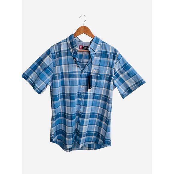 Chaps Men’s Blue Plaid Short Sleeve Button-Down Shirt – Size L NWT - Picture 2 of 12